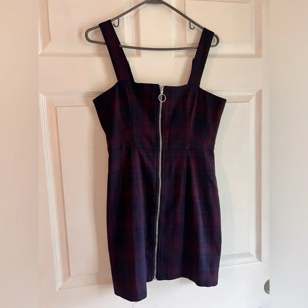 Forever 21 Navy Blue Red Plaid Front Zip Mini Dress Size Medium Sleeveless - Picture 4 of 7